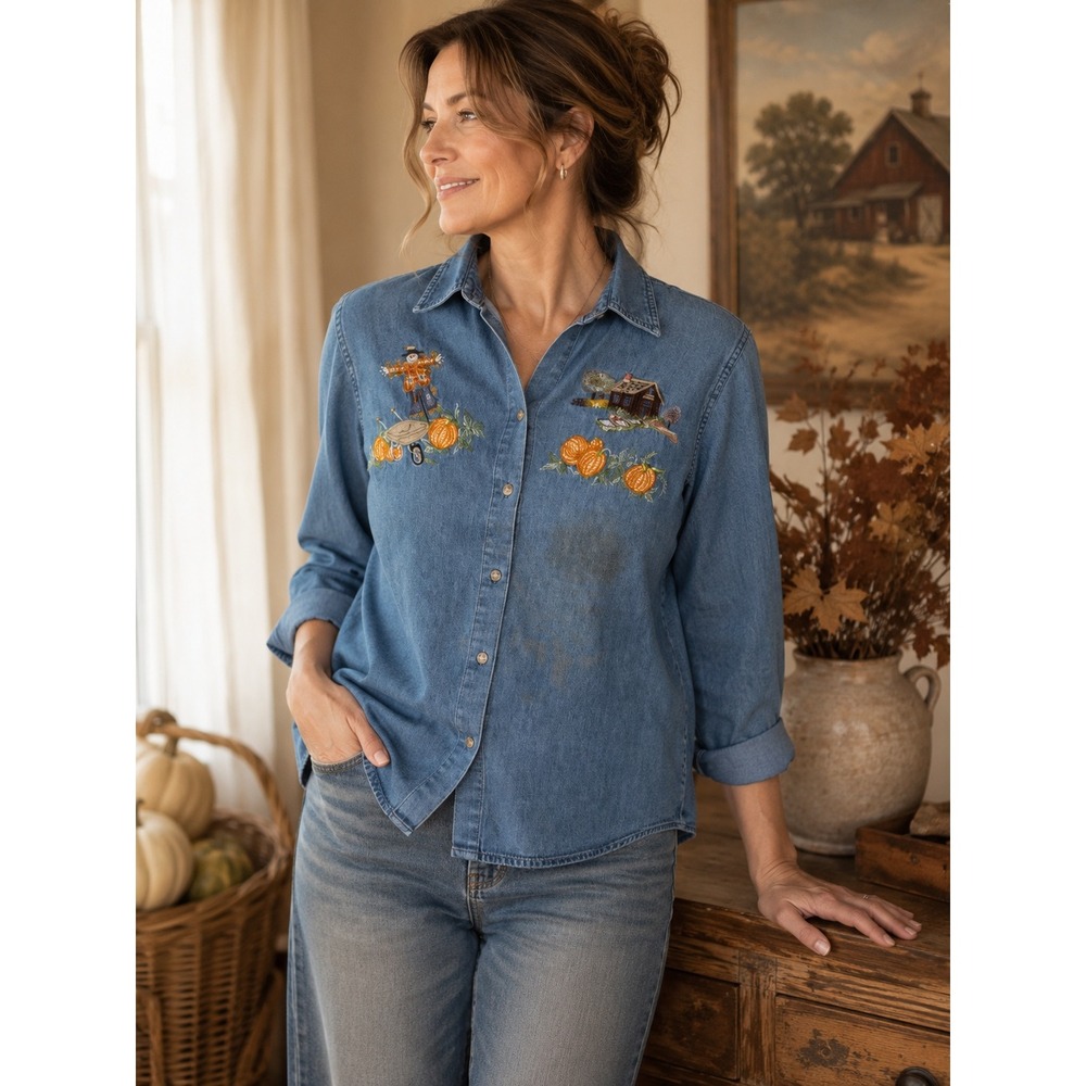 Vtg Casey & Max Denim Shirt Womens Small Blue Fall Pumpkin Embroidered